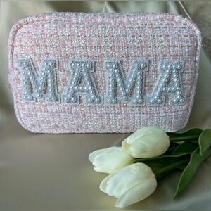 Pink Tweed “MAMA” Cosmetic Bag w/ Pearl & Rhinestone Personalized Letter Patches